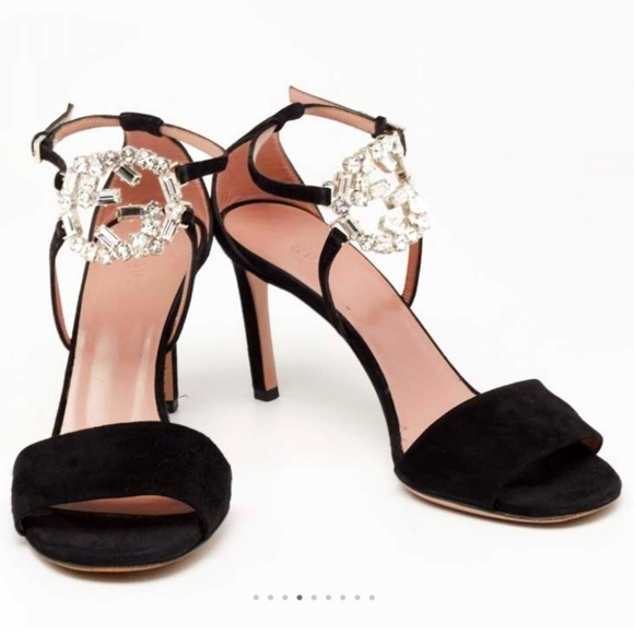 Gucci Shoes - Cucci Black Suede Crystal Embellished GG Interlock Ankle Strap Sandals